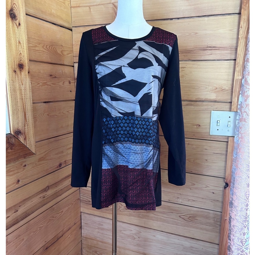 Zozo Tunic Dress Womens Medium Black Abstract Graphic Patchwork Mixed Media Boho